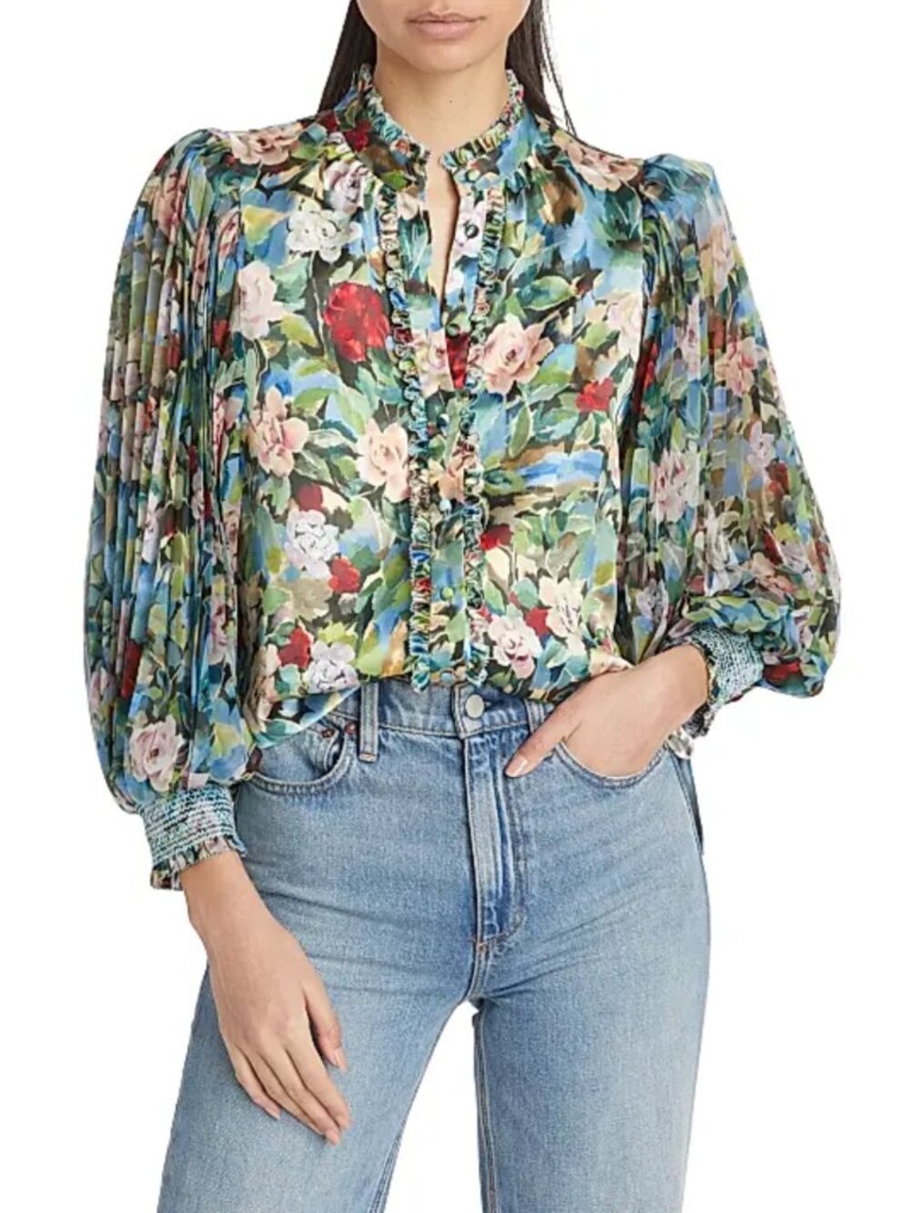 Alice + Olivia Ilan Floral Ruffle Blouse Smocked Sleeves Multicolor Size S